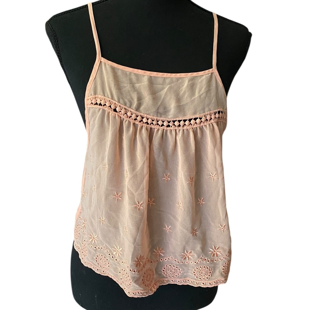 Coquette Floral Embroidered Baby Pink Scalloped Lace Hem F21 Sheer Camisole L